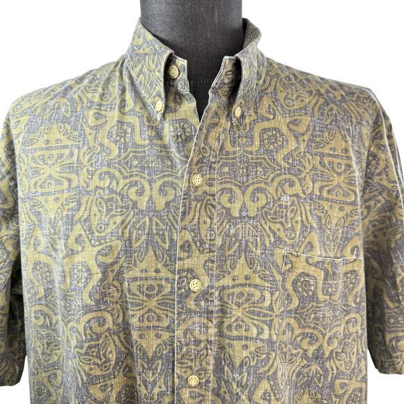 Reyn Spooner VTG 90s Y2k Hawaiian Shirt Reverse Green Tiki Print Print‎ Size XXL - Picture 2 of 5